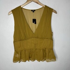 New Express V-neck Yellow gold Ruffle Sleeveless‎ Top Womens Medium Pleated Tank